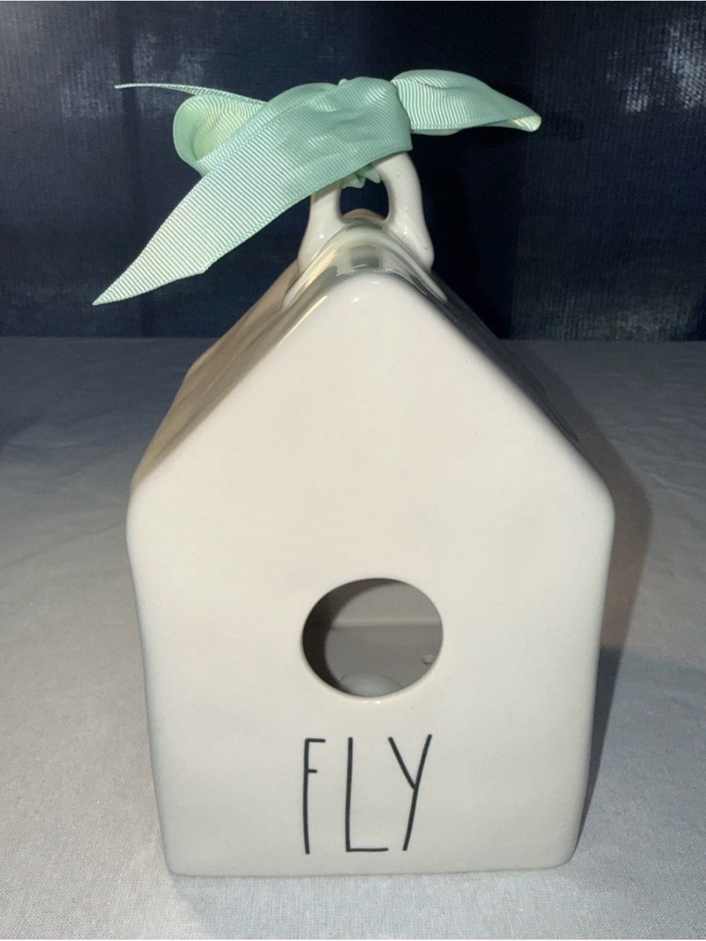 Rae Dunn White 'FLY' Ceramic Birdhouse with Mint Ribbon